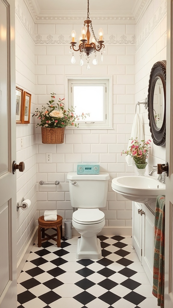 A stylish bathroom featuring black and white checkerboard tiles with floral accents.