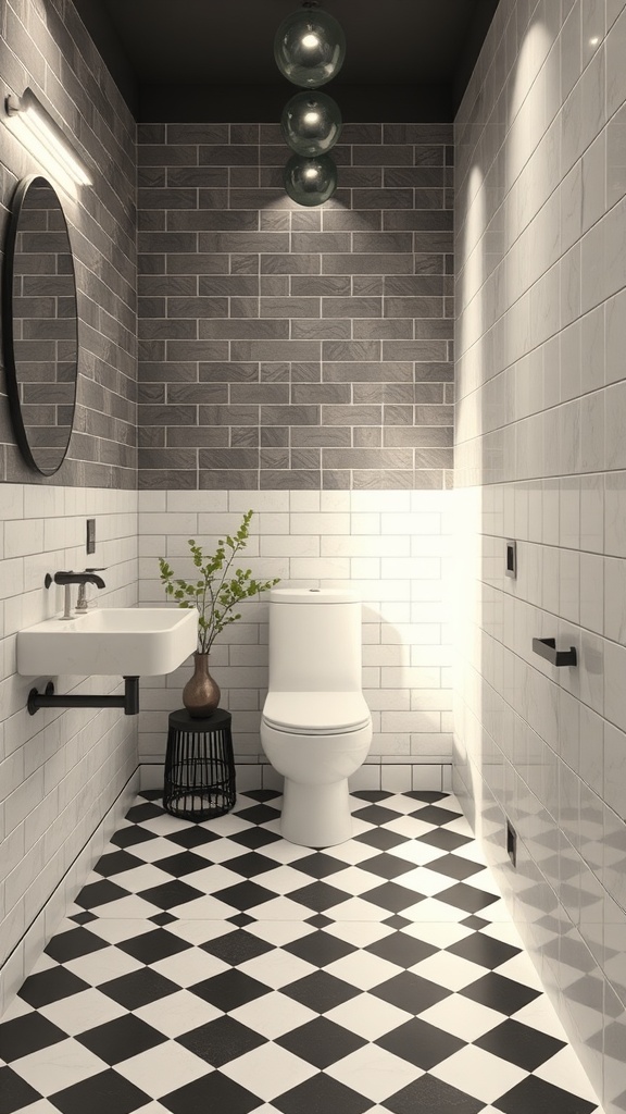 A stylish bathroom featuring black and white checkerboard tiles on the floor with a modern sink and mirror.