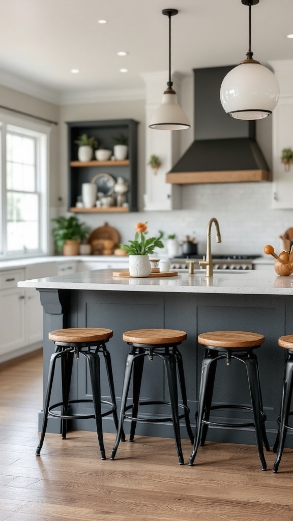 A beautiful farmhouse kitchen featuring stylish bar stools with wooden seats and black metal frames.