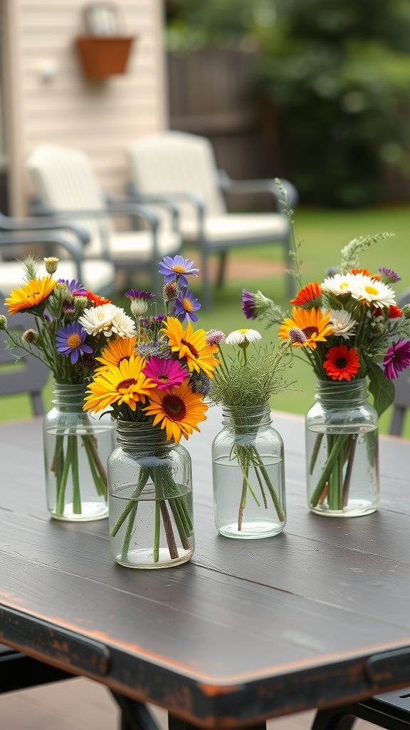 Colorful flower arrangements in mason jars on a patio table.