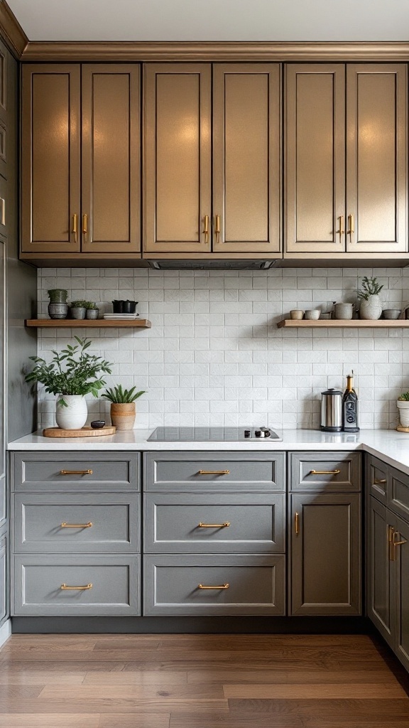 A kitchen featuring chic metallic finishes with gold and gray cabinets.