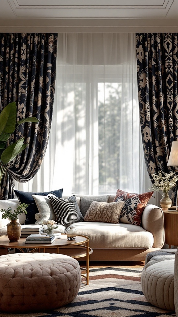 A chic living room featuring floral curtains, geometric cushions, and a cozy sofa.