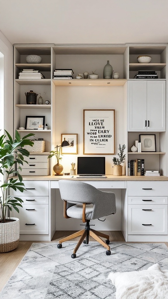 A modern Scandinavian home office featuring a built-in Murphy desk, light colors, and personal decor.