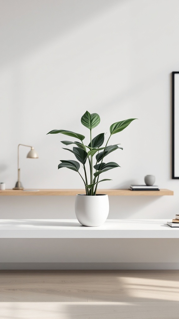 Chic ZZ plant in a modern white pot on a minimalistic desk