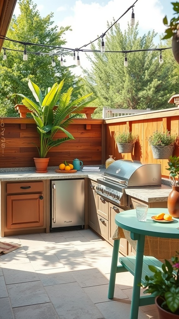 An outdoor kitchen featuring a sleek modern layout with a quartz countertop, rustic touches, a central bar, pizza oven, and built-in sink.