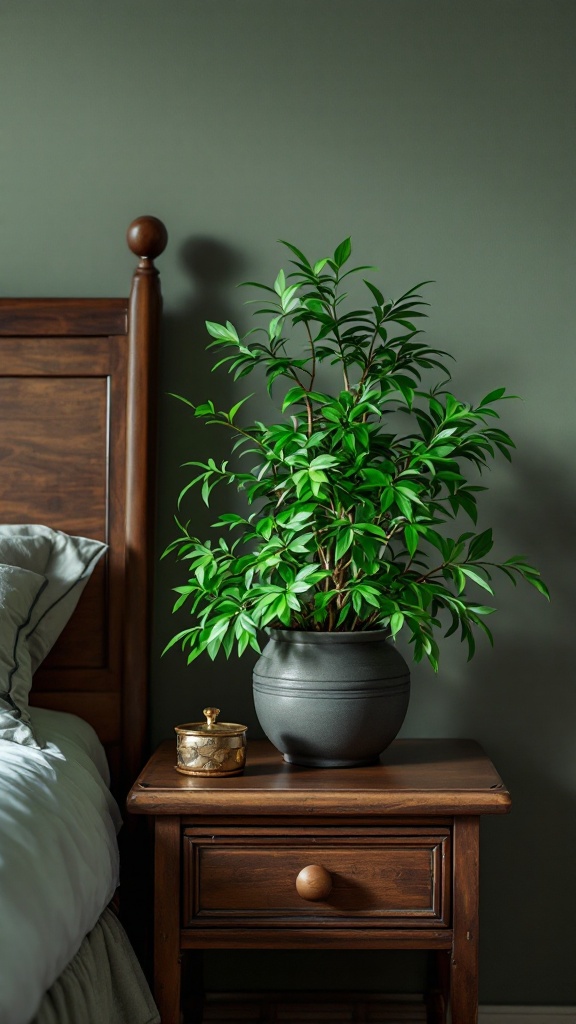 A Chinese Evergreen plant in a pot beside a wooden bed and nightstand.