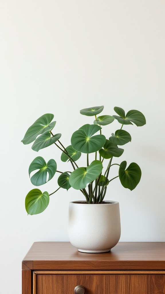 A Chinese Money Plant in a simple white pot on a wooden surface.