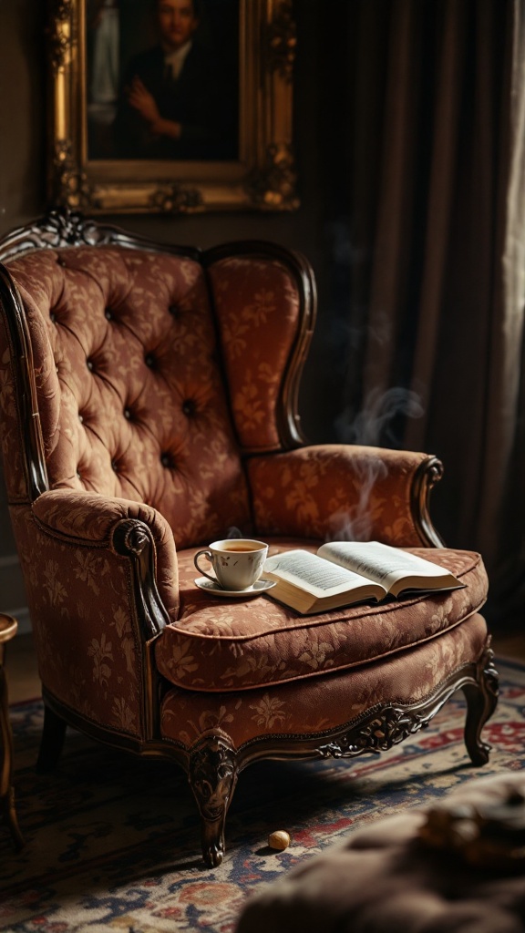 A classic armchair with a cup of tea and an open book on its armrest, set in a cozy room.