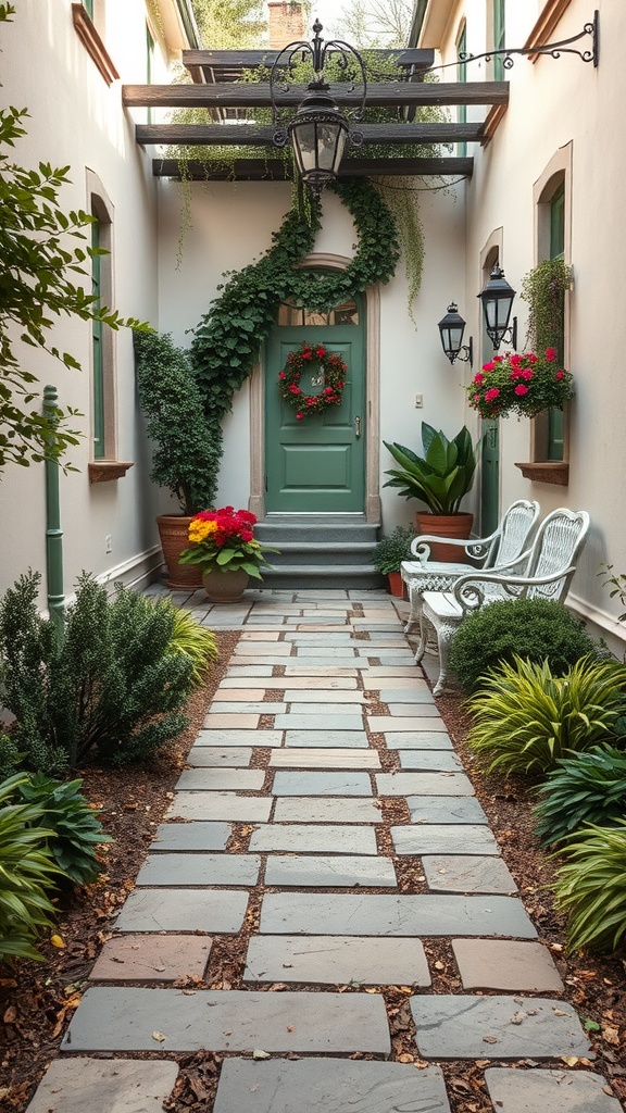 A charming stone pathway leading through a garden with greenery and flowers.