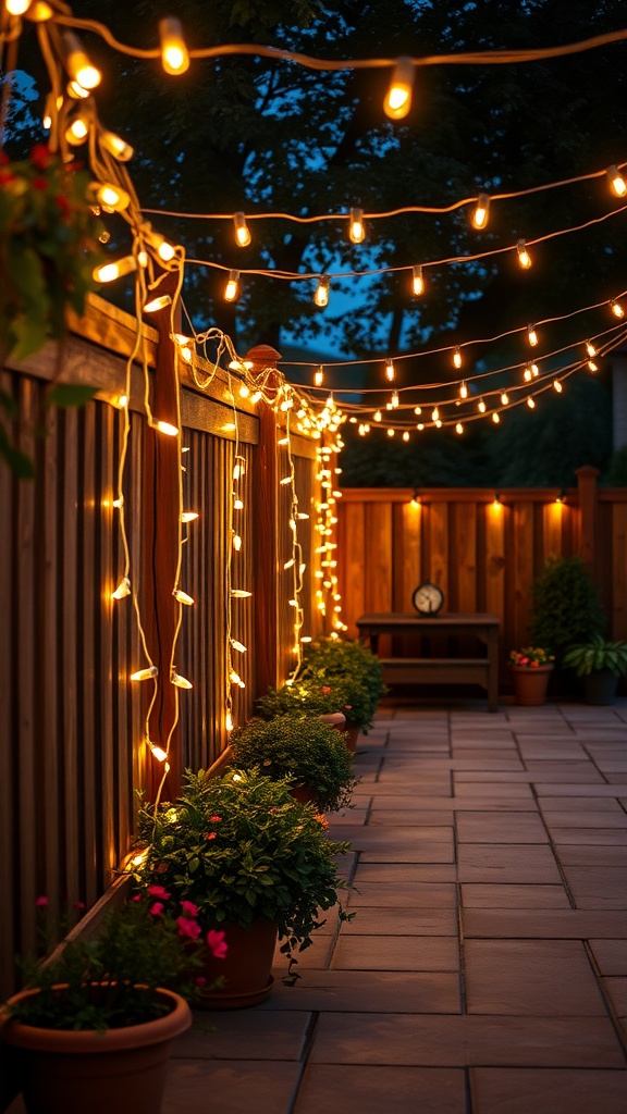 Patio with classic string lights illuminating the space