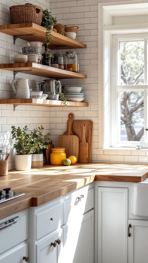 A kitchen featuring classic subway tiles and a butcher block countertop with open shelving and natural light.