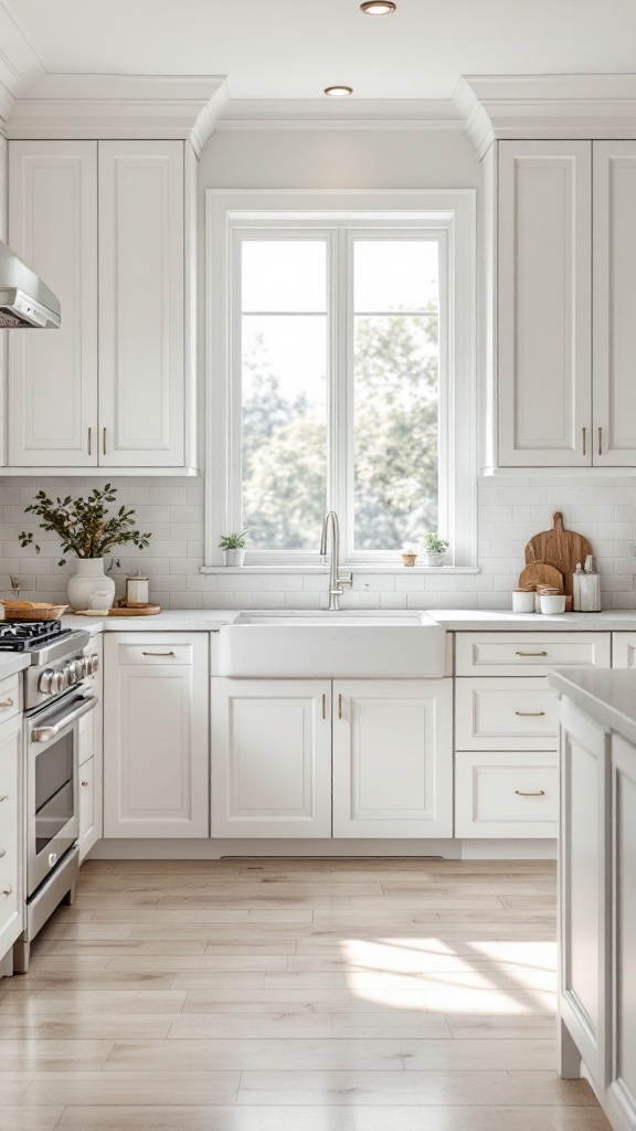 A classic white shaker style kitchen featuring shaker cabinets, a farmhouse sink, and a bright airy atmosphere.