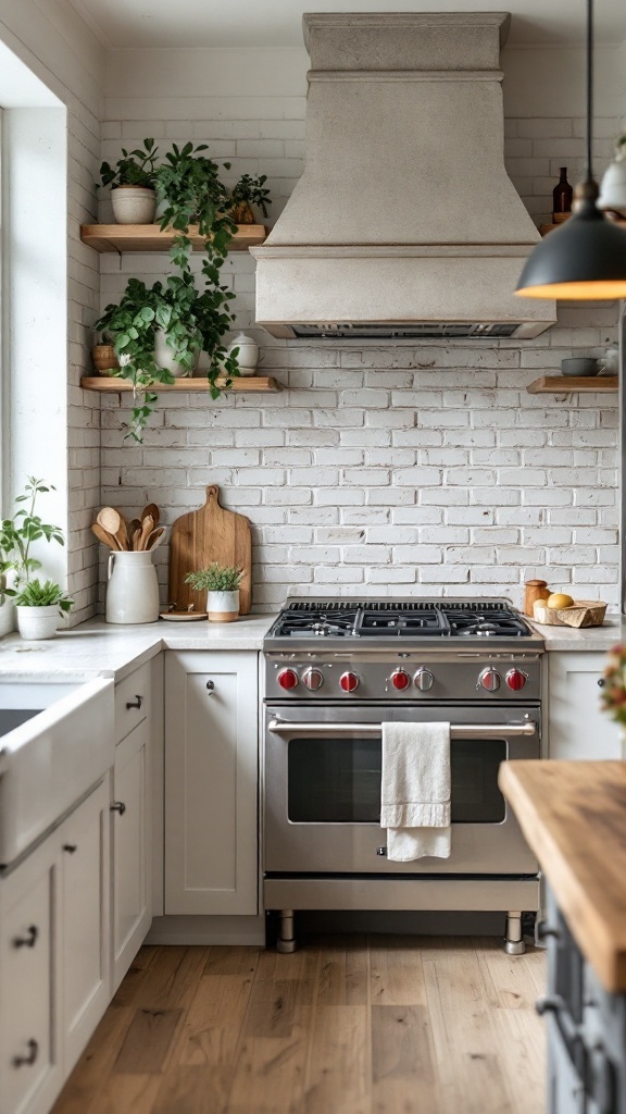 A kitchen featuring classic whitewashed brick backsplash with shelves and plants.