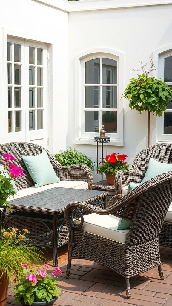 A cozy patio setup featuring classic wicker furniture, a table, and colorful flowers.