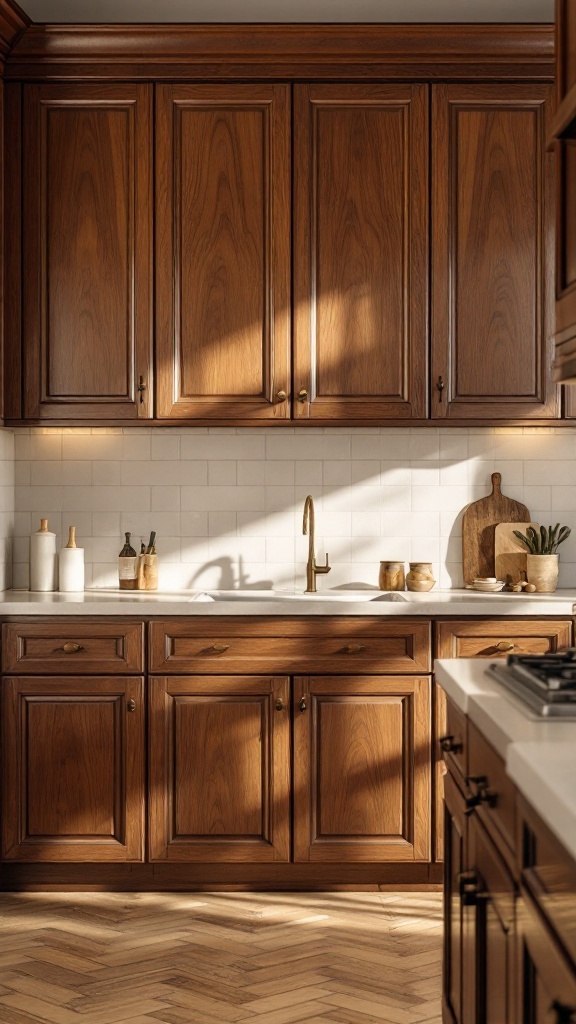 Classic wood grain kitchen cabinets with a modern sink and countertop.