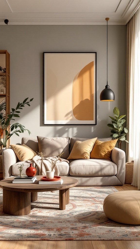 Stylish living room featuring a neutral sofa with colorful cushions, a round coffee table, and decorative plants.