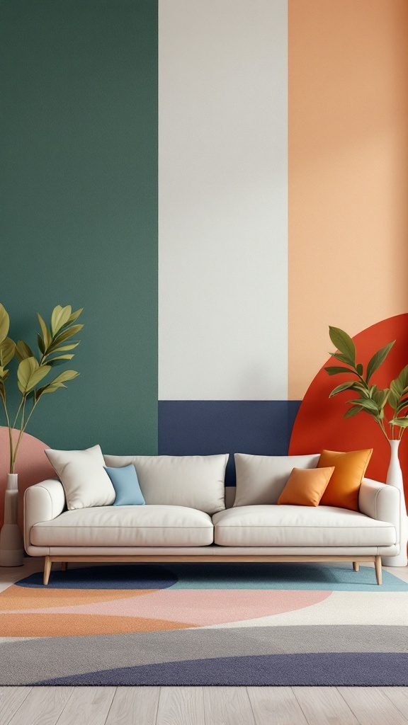 A stylish living room featuring color blocked walls in shades of green, white, and peach, with a comfortable sofa and decorative pillows.