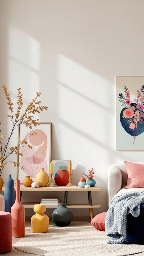 A vibrant living room with colorful accessories including vases, art, and cushions.