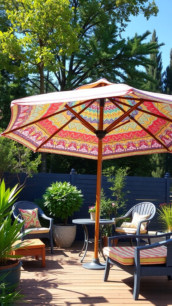 A vibrant patio umbrella with a colorful pattern, surrounded by plants and cozy seating.