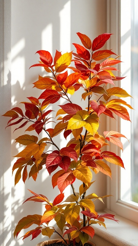 A croton plant with colorful autumn leaves in a bright room.