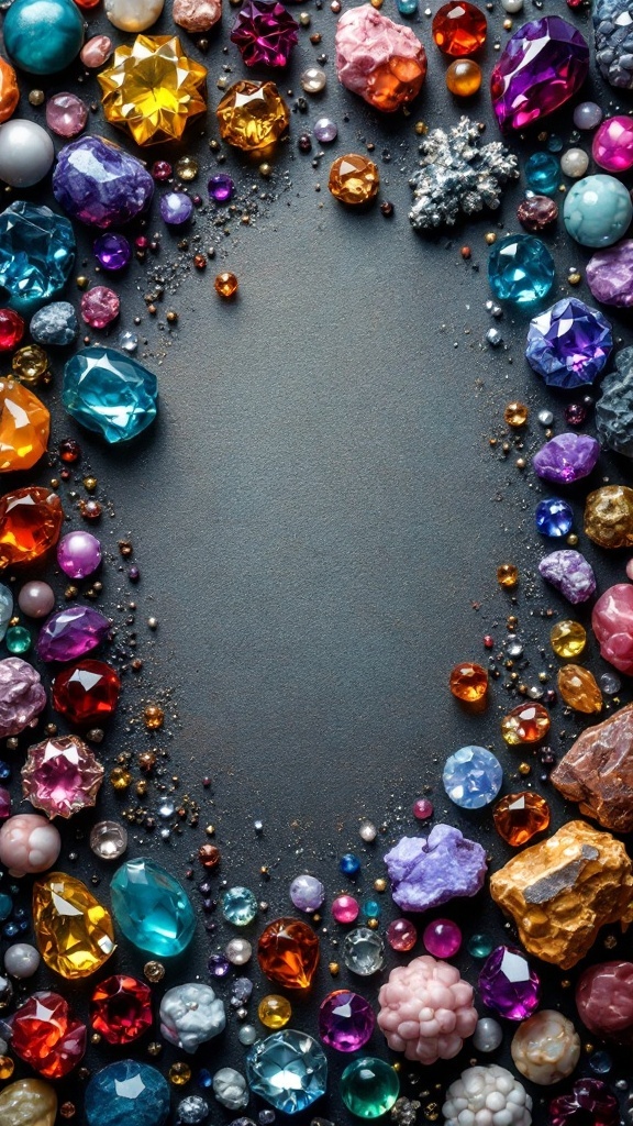 A variety of colorful gemstone accents scattered on a dark surface.