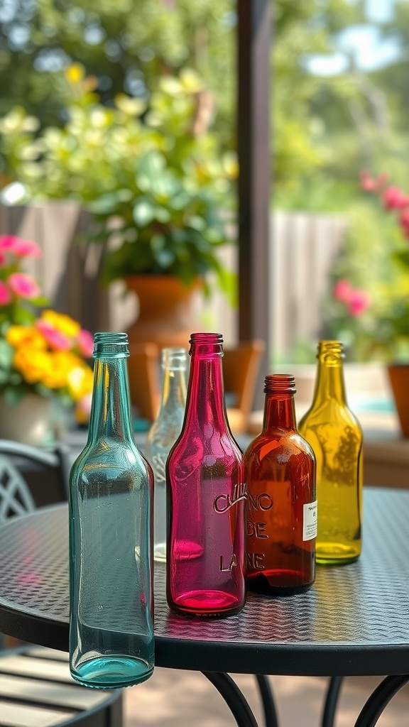 Colorful glass bottles on a black table with plants in the background.