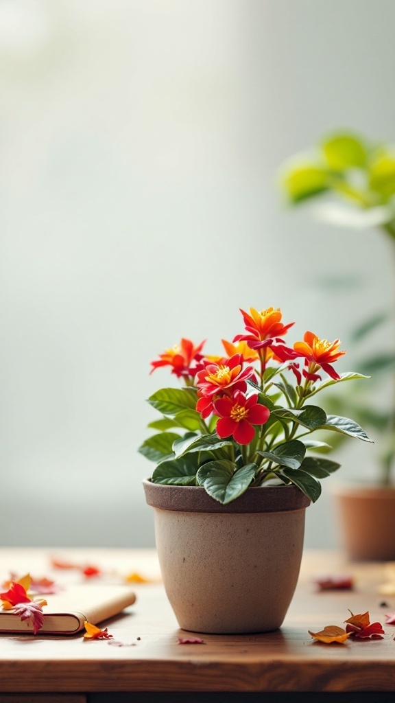 A colorful Kalanchoe plant with red and orange blooms in a clay pot on a wooden table.