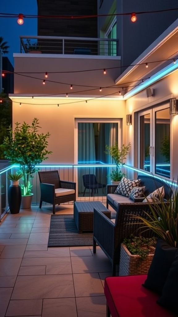 A modern patio with colorful LED strip lights illuminating the space.