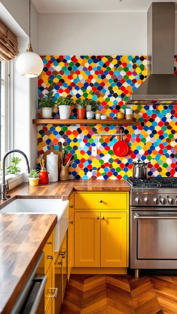 A vibrant kitchen with colorful mosaic tiles on the wall and yellow cabinets.