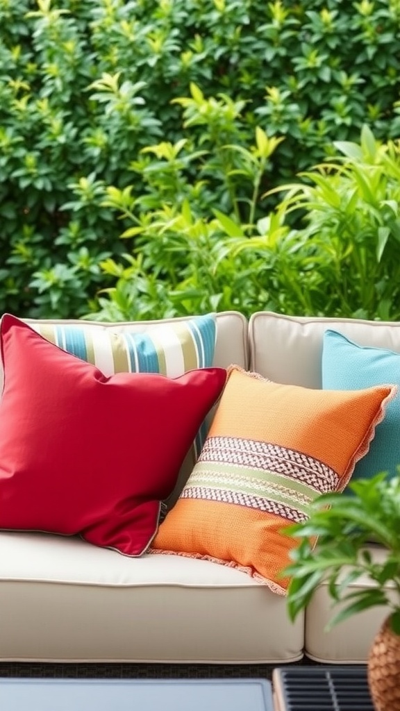 Vibrant outdoor pillows on a patio couch surrounded by greenery.