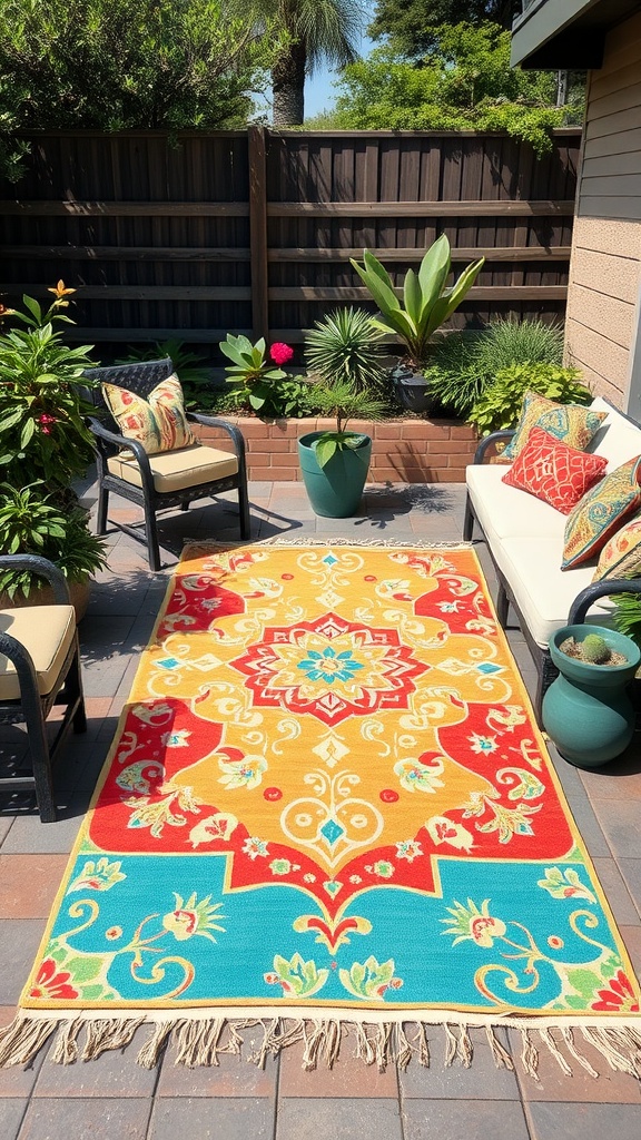 A vibrant outdoor rug with a floral design placed on a patio, surrounded by plants and comfortable seating.