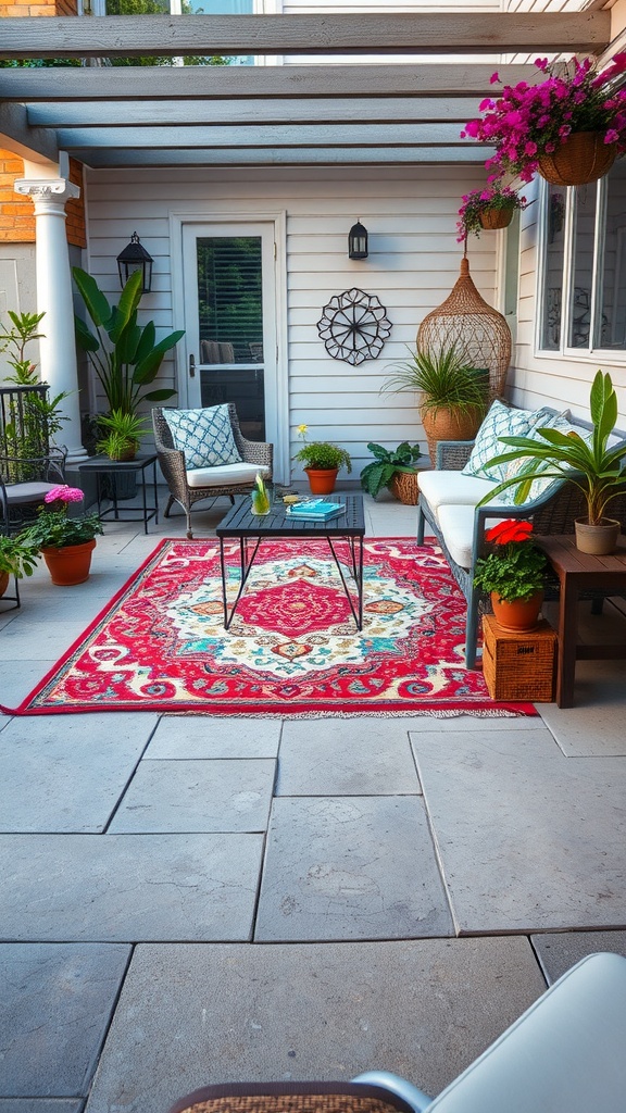 A vibrant outdoor rug on a patio with plants and seating