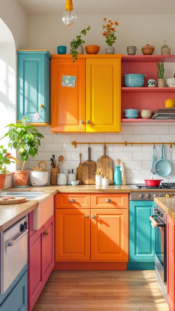 A vibrant kitchen featuring colorful painted cabinets in orange, blue, and pink.