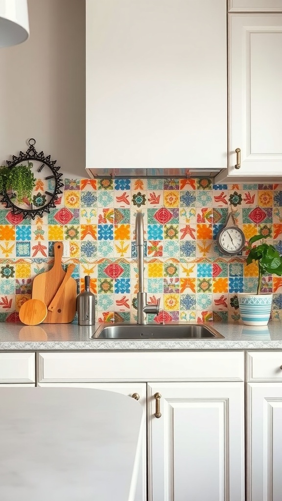 Colorful tile backsplash in a boho kitchen with floral and geometric patterns.