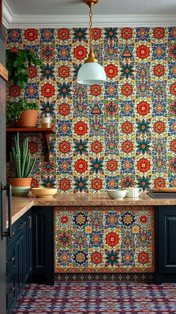 A kitchen with a colorful tile backsplash featuring floral patterns in warm colors.