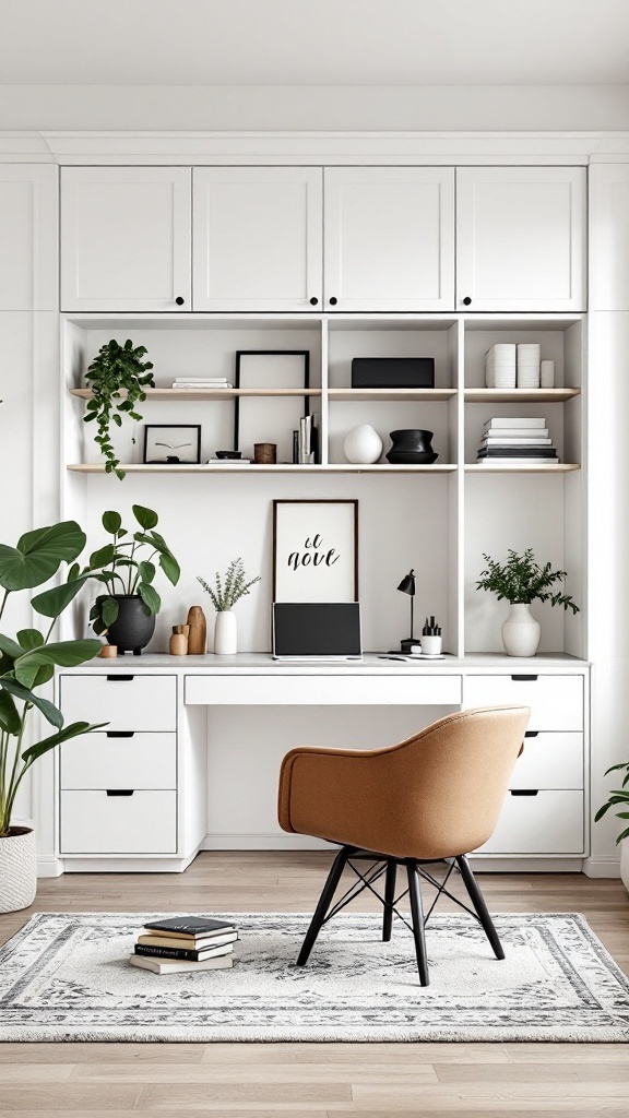 Stylish Scandinavian home office featuring a built-in Murphy desk and cozy chair.