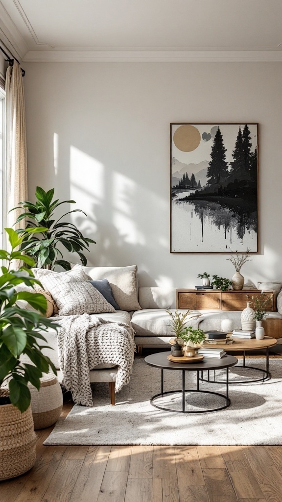 A cozy living room with a sofa, decorative pillows, plants, and a stylish art piece.