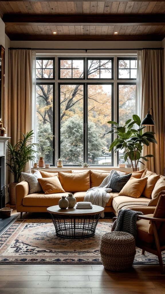 Cozy living room with a yellow couch, coffee table, and large windows