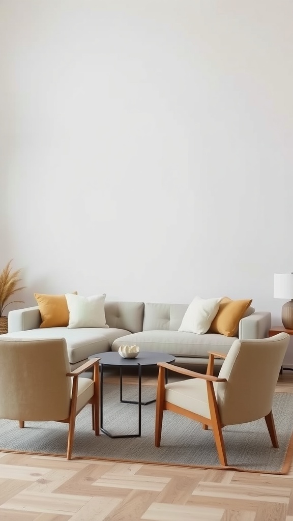 A modern minimal neutral living room with a sectional sofa and armchairs.