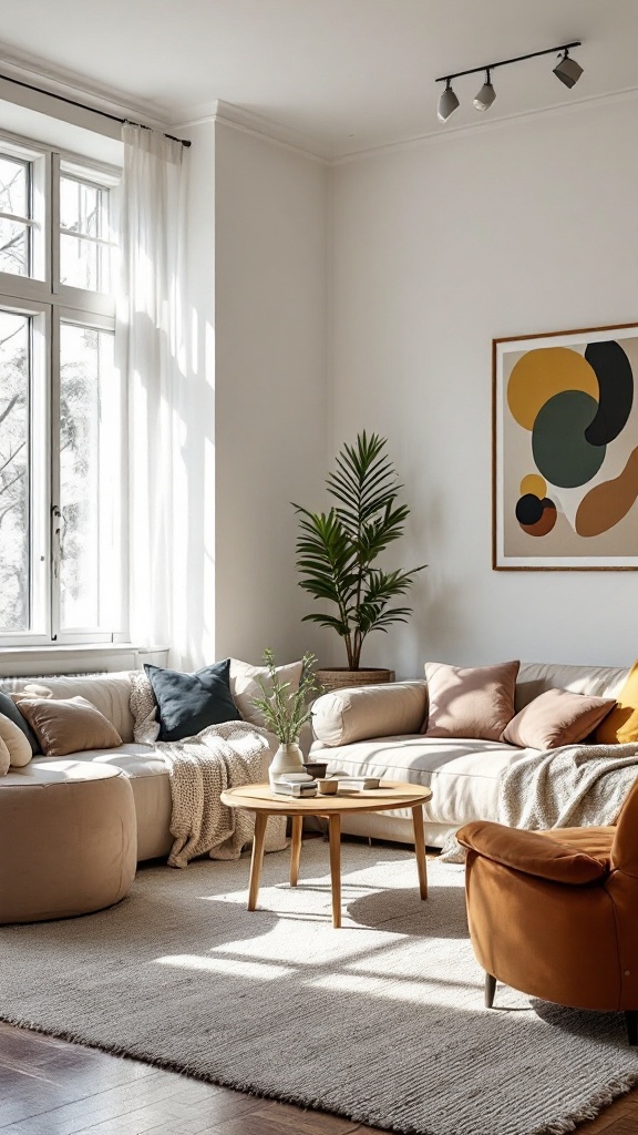 Comfortable living room with soft sofas, accent chairs, and colorful cushions.