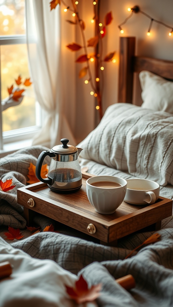 A cozy hot drink station with a French press and mugs on a wooden tray in a warm bedroom setting.