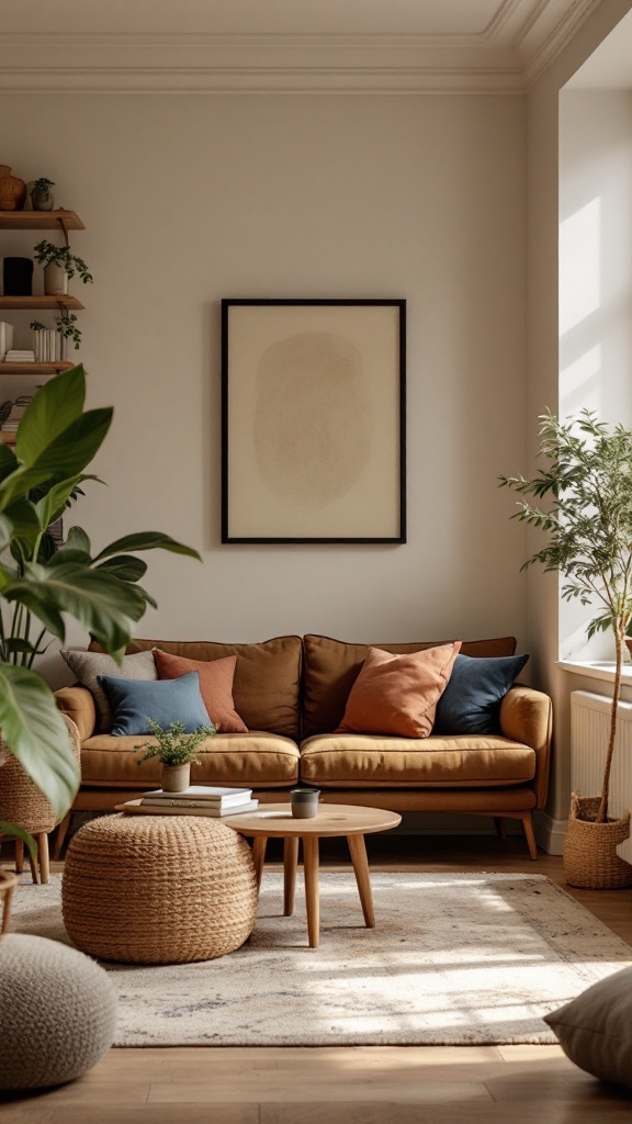 A cozy living room nook featuring a brown sofa with colorful pillows, a small round table, and plants.