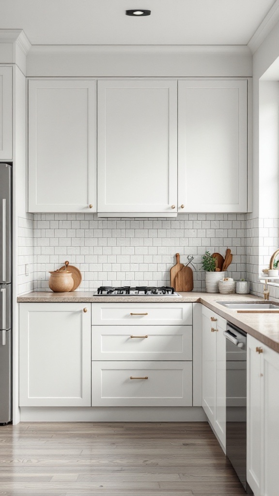 A compact kitchen with white cabinets, a gas stove, and a clean, modern look.