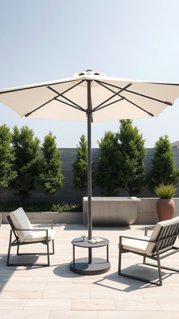 Contemporary minimalist patio design with an umbrella and modern furniture.