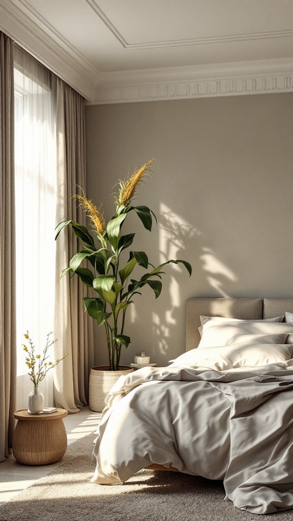 A stylish bedroom featuring a tall corn plant beside a neatly made bed with soft linens.