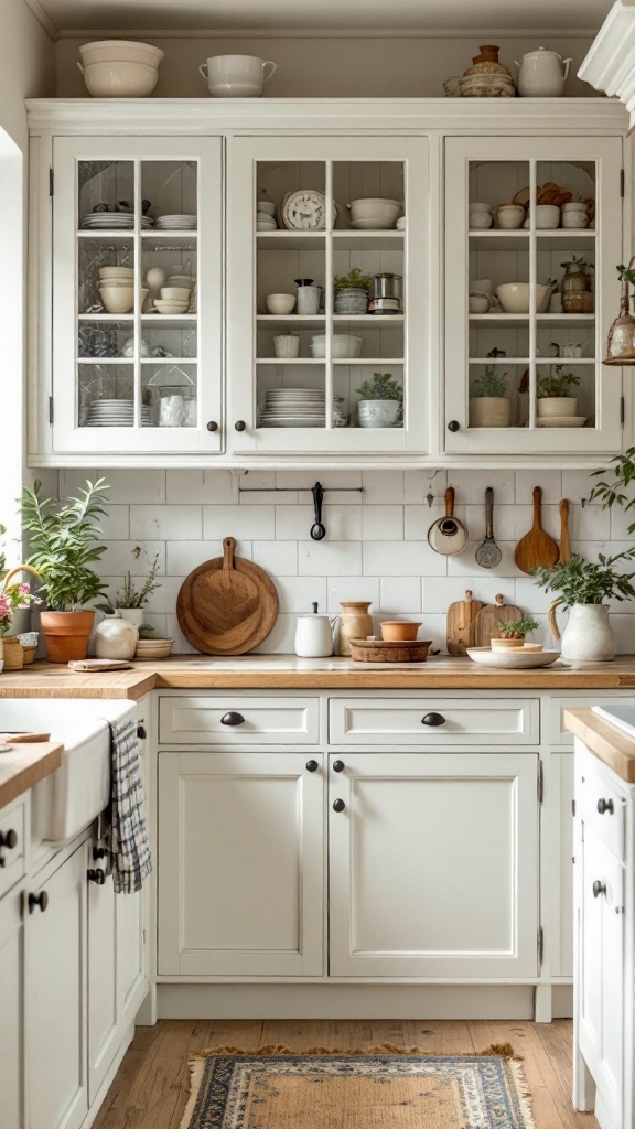 A cozy kitchen with cottage style cabinets featuring white cabinetry, glass doors, and wooden accents.