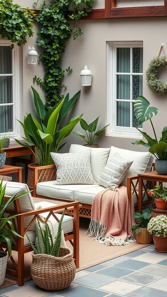 Cozy indoor patio corner with plush seating and plants.