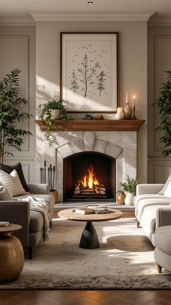 A cozy living room with a stone fireplace, comfortable sofas, and a round coffee table.