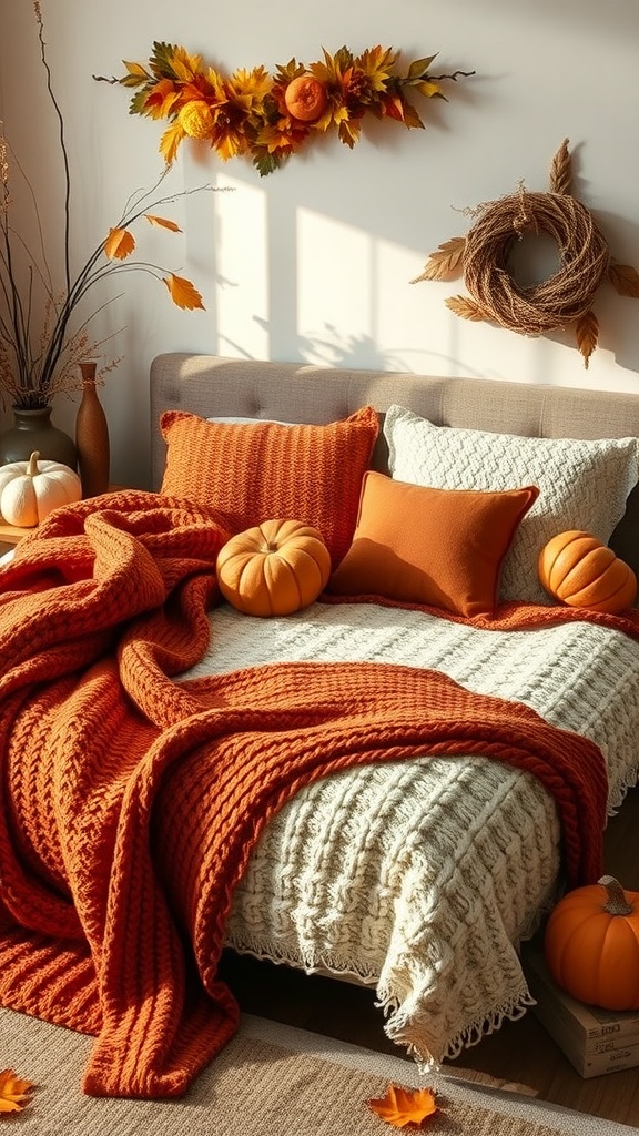 A cozy bedroom featuring knit throws in warm colors, pumpkins, and autumn decorations.