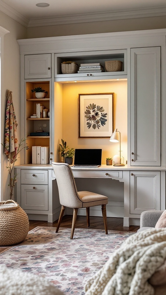 Scandinavian home office with a built-in Murphy desk, featuring warm lighting and stylish decor.